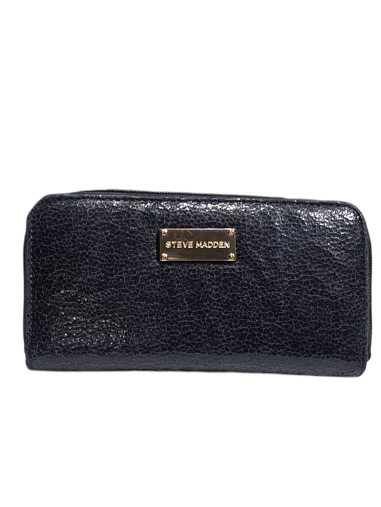 Steve Madden Handbags - Steve Madden Black Metallic Zip Around Wallet Gold Logo Plate Used